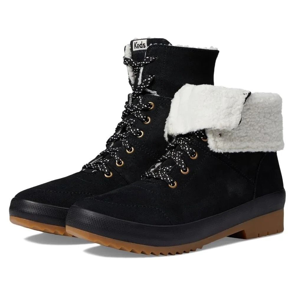 NIB Keds Camp Boot II Black Suede Faux Fur Lace-Up Ankle Boot Size 8